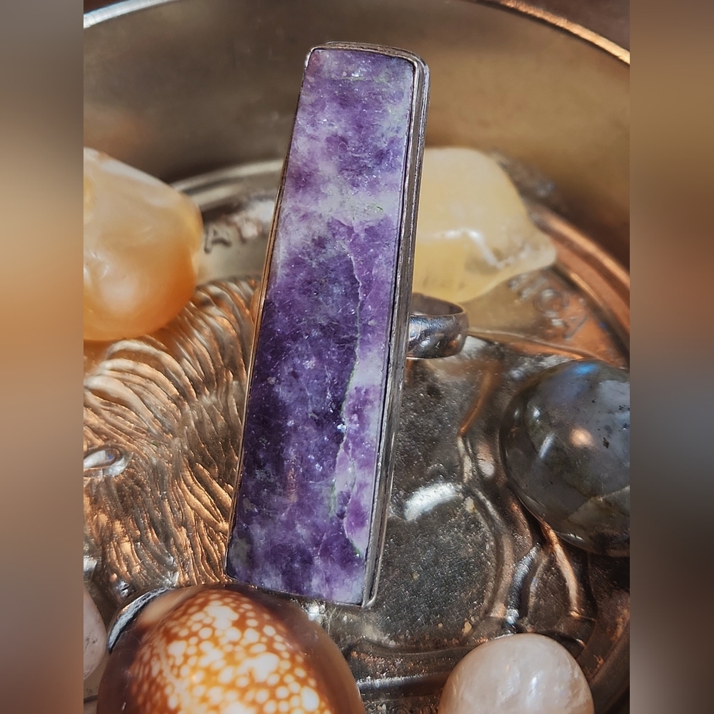 Sz-91/2, Long, Thin, Rectangular- Shaped Sparkly Lepidolite Cabochon Ring.
